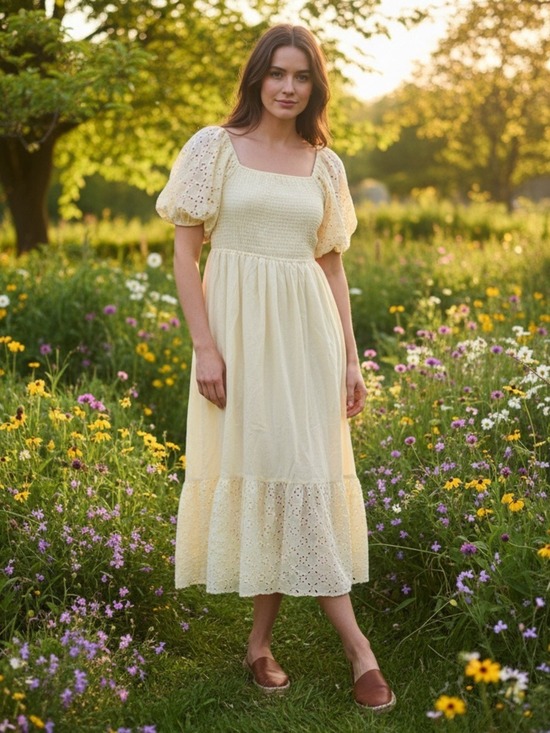indigo Rose Dresses & Skirts - Indigo Rose Pale Yellow Eyelet Smocked Maxi Dress Petite Large Cottagecore Boho